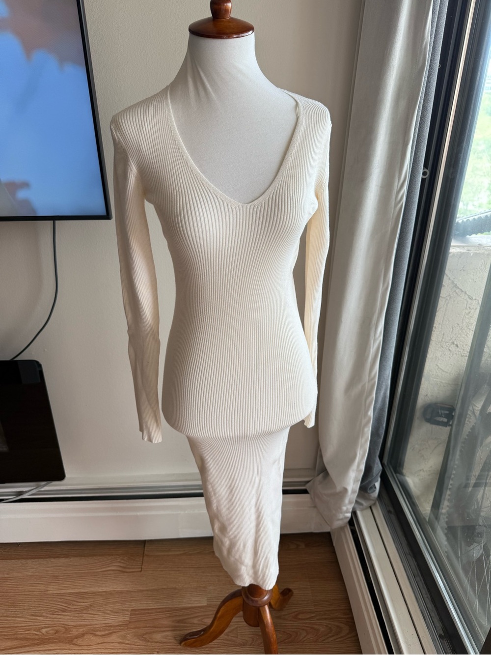 Cream Ribbed V-Neck Knit Dress
